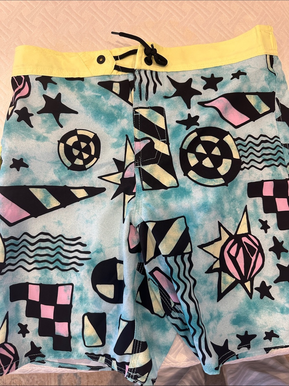 Volcom Aqua Print Swim Trunks with Yellow Waistband